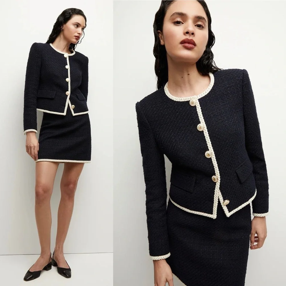 Veronica Beard Mabel Tweed Jacket Blazer Navy Ivory Trim Size 12 - Picture 11 of 16